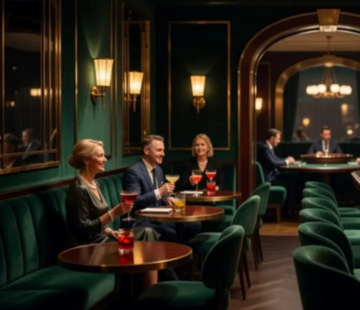 Wieczorna atmosfera przy barze w stylu Art Deco z widokiem na restaurację i salon gier.
