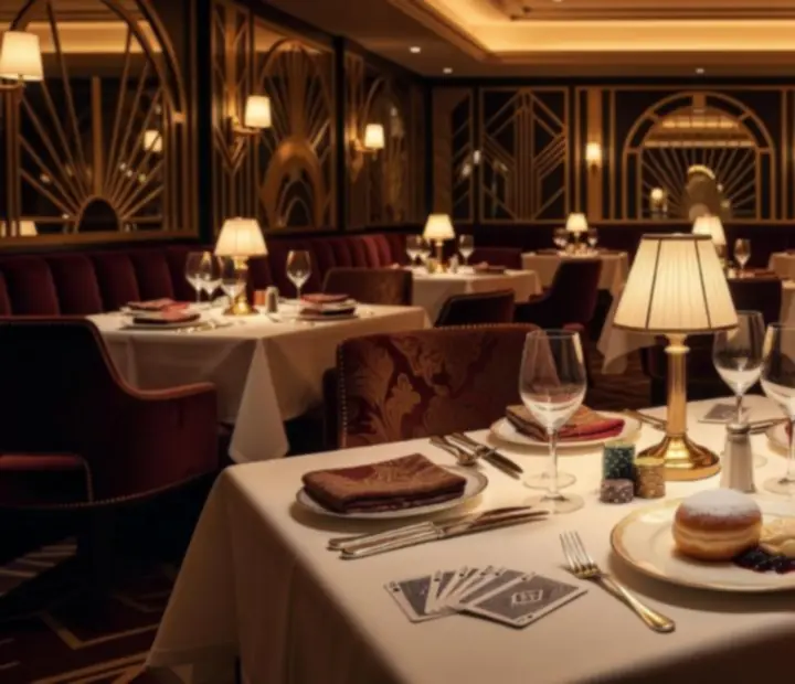 Elegancki deser podany w restauracji w stylu Art Deco z subtelnymi kasynowymi detalami