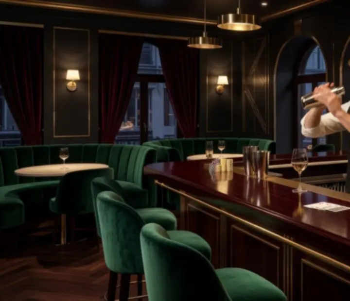 Elegancki bar koktajlowy w restauracji DESUM Számítástechnikai z wieczornym oświetleniem, barmanem w trakcie mieszania drinków oraz subtelnymi detalami kasynowymi jak karty i żetony.