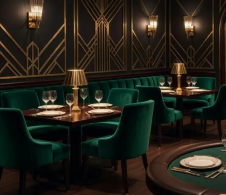 Elegancka restauracja DESUM Számítástechnikai w stylu Art Deco z nakrytymi stołami i subtelnymi akcentami kasynowymi