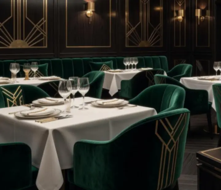 Ekskluzywne wnętrze restauracji w stylu Art Deco w Polsce, z eleganckimi stolikami i nastrojowym oświetleniem