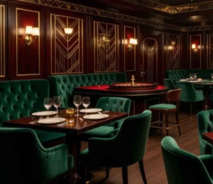 Elegancki salon gier w stylu Art Deco z widocznymi stołami do pokera, ruletki i blackjacka