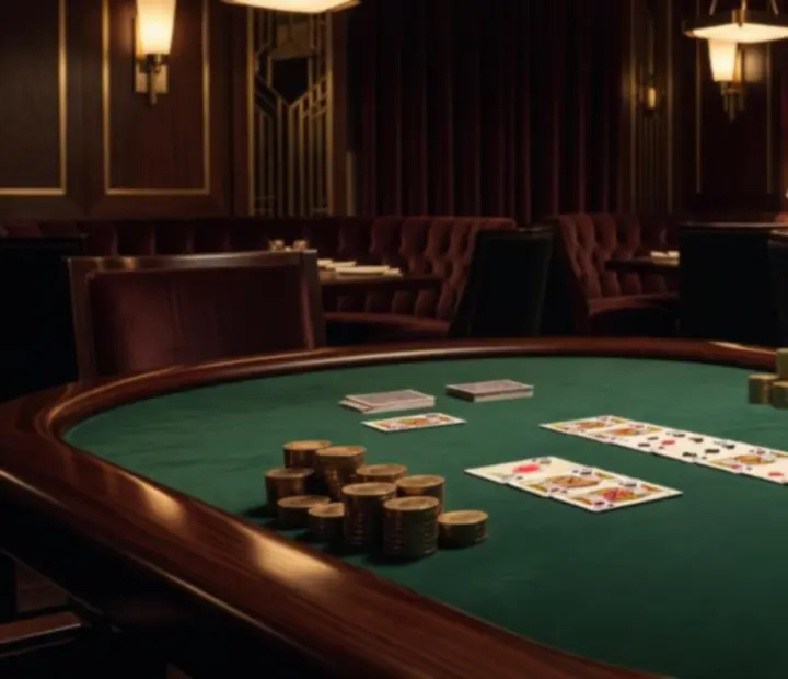 Pokerowy stół w restauracji w stylu Art Deco z kartami i żetonami