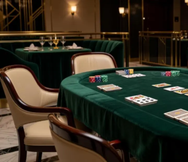 Elegancki pokerowy stół obity zielonym aksamitem w nastrojowym salonie gier