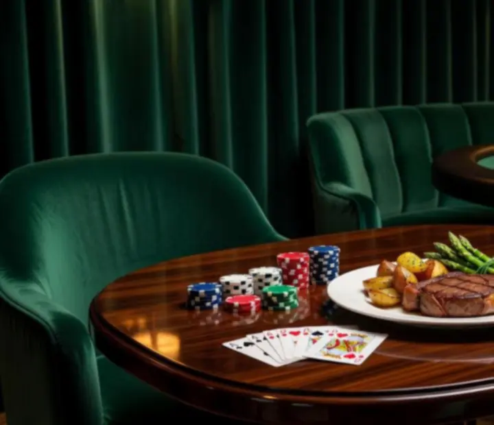 Stek serwowany przy stoliku z widokiem na pokerowy stół i ruletkę