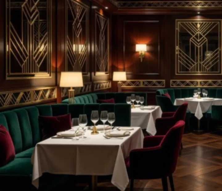 Wnętrze restauracji w odcieniach głębokiej zieleni i burgundu z mosiężnymi lampami i welurowymi fotelami